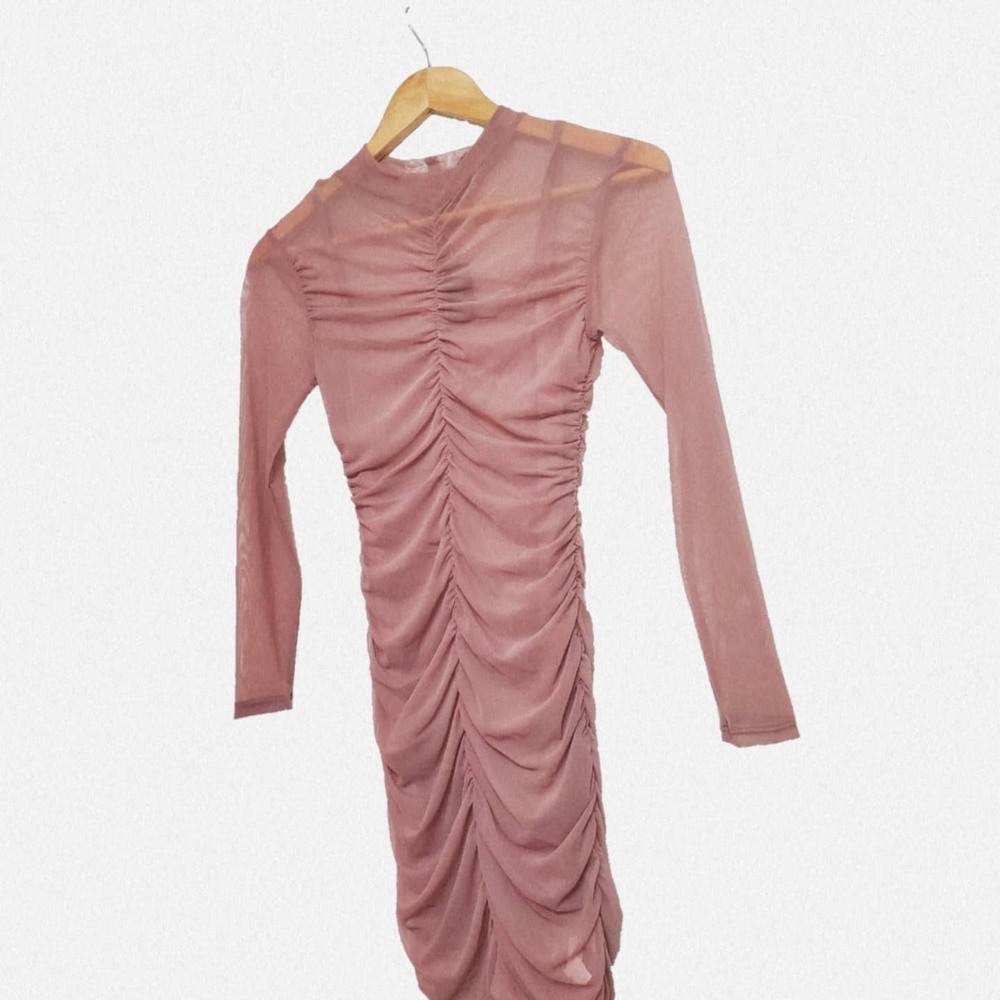 BRAND NEW W/TAGS: MOCKNECK MESH RUCHED DRESS